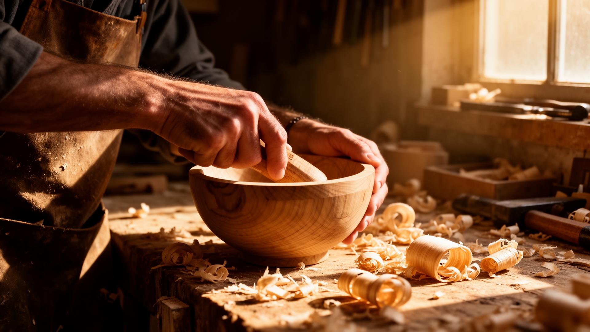 Artisan hand-carving a wooden bowl