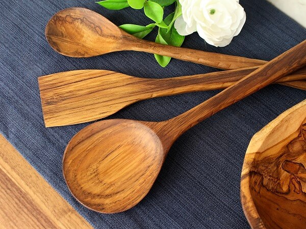 Tuckahoe Hardwoods Three-Piece, Rustic Handle Teak Wood Utensil Set